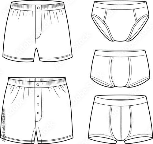 Men's underwear flat sketch vector, boxer briefs, briefs, front view CAD drawing, clothing technical template, fashion design illustration