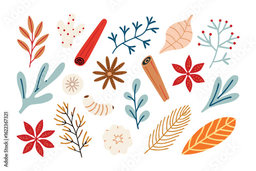 Botanical Embellishments: An artful assortment of natural botanical elements, featuring leaves, cinnamon sticks, and assorted floral details.