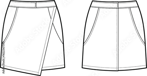 Mini wrap skirt flat sketch, front and back view, fashion design cad drawing, pocket detail, waist belt, cad drawing flat vector illustration