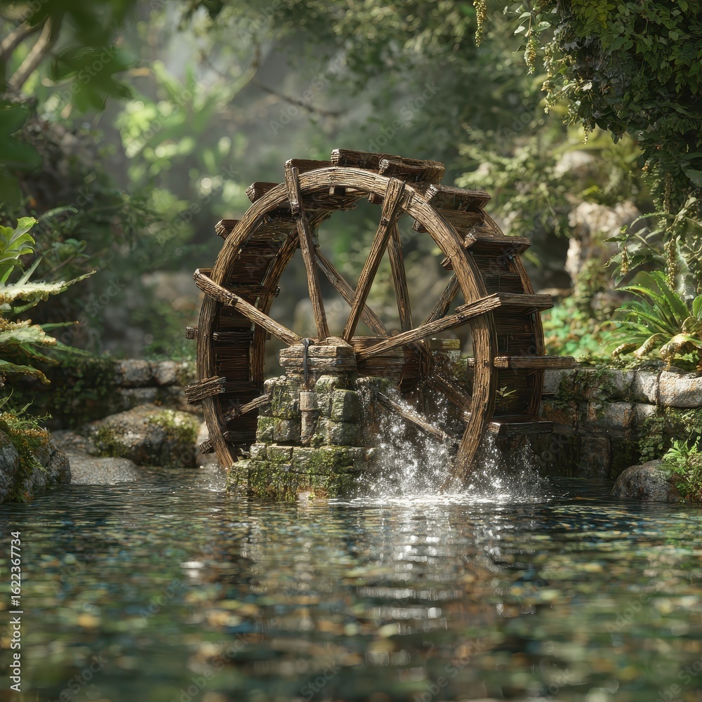Water wheel turns by stream in forest. Scene for ecology, history or virtual set Water wheel turns by stream in forest. Scene for ecology, history or virtual set