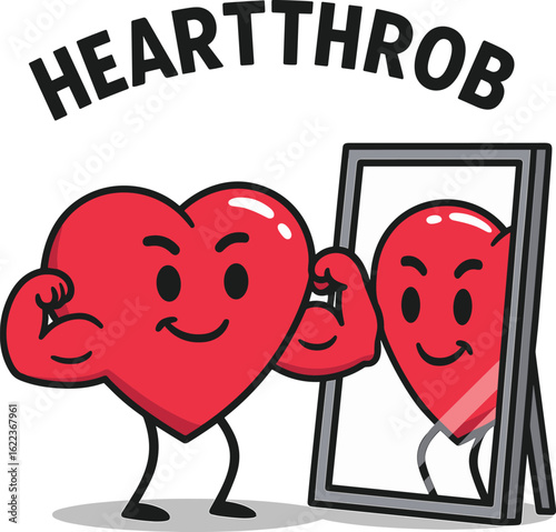 Heart character flexing in mirror with Heartthrob text, funny gym cartoon love