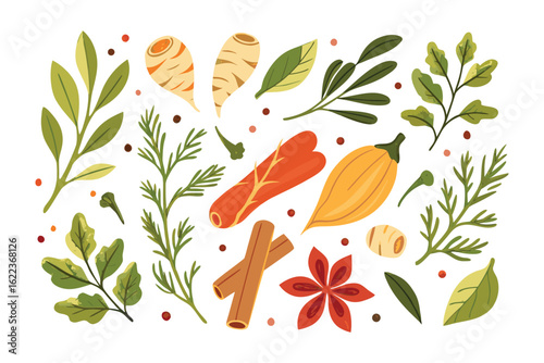Culinary Herbs and Spices: An array of fresh herbs and aromatic spices artistically arranged, a visual feast for food lovers, creating an enticing invitation to culinary adventure.