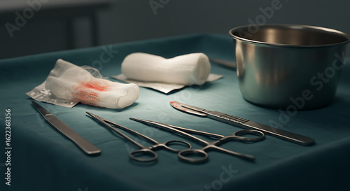 Capture a close-up scene of a dimly lit, sterile surgical tray left untouched after an emergency operation.