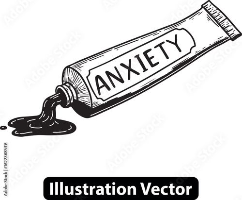 Conceptual illustration of anxiety as a substance squeezed from a tube. Mental health concept.