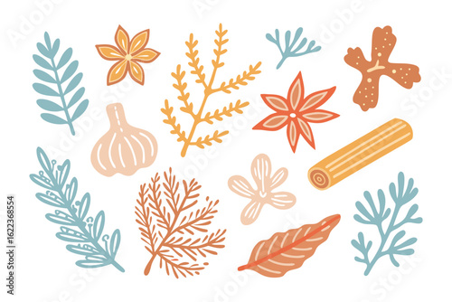 Botanical Flavors: An overhead view showcases a delightful collection of culinary herbs and spices, artfully arranged to evoke the aromatic essence of a vibrant kitchen garden.