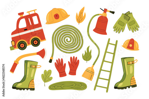 Firefighter's Essential: A curated collection of vital tools and equipment, ready to combat and rescue in times of peril. Demonstrating the core elements of a firefighter's life and work.