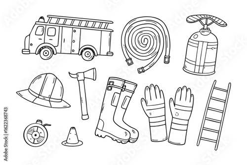 Firefighter Essentials: A meticulously detailed, artistic depiction showcases essential firefighting equipment, providing a visual guide for professionals and enthusiasts alike.