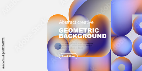 Abstract geometric background features vibrant orange, blue shapes. Text includes geometric background, plus sample text, button. Modern design.