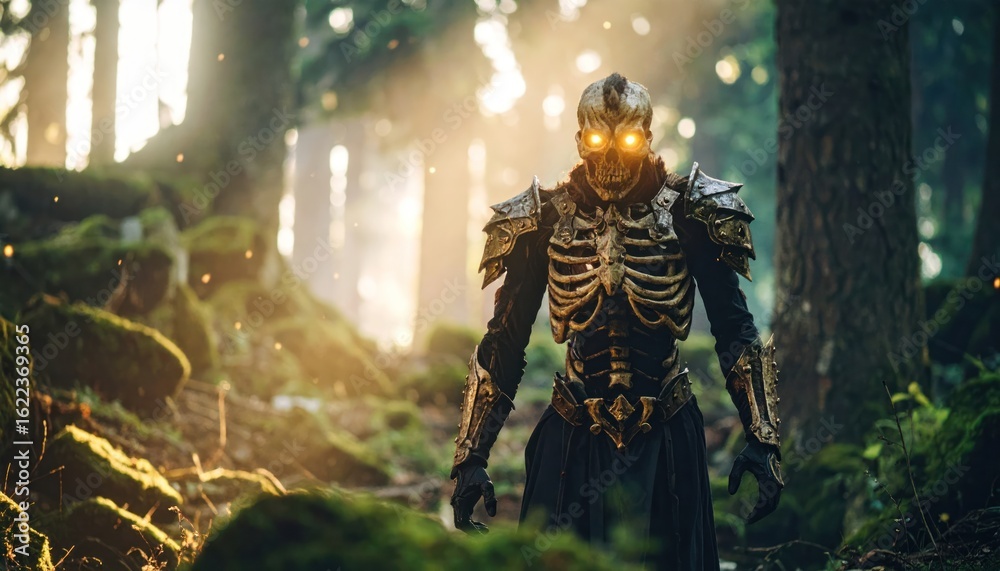 Fototapeta premium Skeleton Warrior in Forest with Glowing Eyes, and Fantasy Armor.