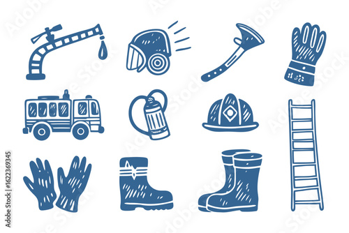 Firefighting Tools: An array of essential firefighting tools are artfully arranged. The illustration style brings a vintage charm to the image.