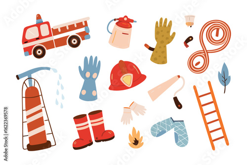 Firefighting Essentials: A vibrant and detailed illustration showcasing a collection of essential firefighting tools and equipment, including a fire truck, helmet, gloves, extinguisher, hose, ladder.