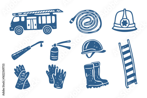 Firefighting Equipment Essentials: A collection of essential firefighting tools, including a fire truck, helmet, hose, and other vital gear.