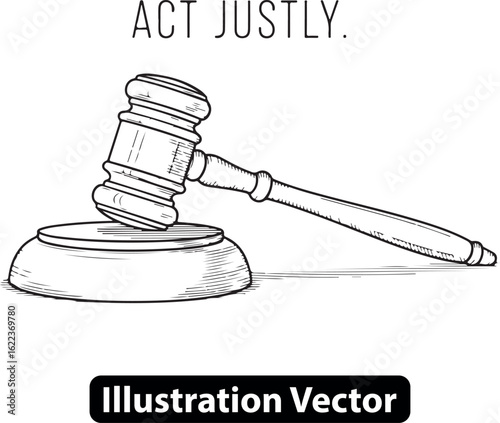 Hand-drawn judge gavel illustration for law, justice, and auction concepts. Vector line art.
