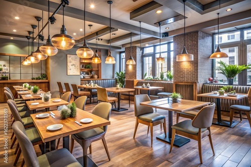 Modern restaurant dining area with warm lighting wooden tables and comfortable seating creates an inviting atmosphere