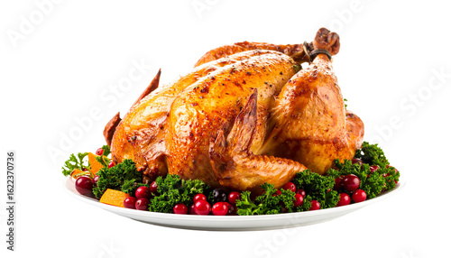 Roasted Thanksgiving turkey on a platter with garnish, isolated on transparent background