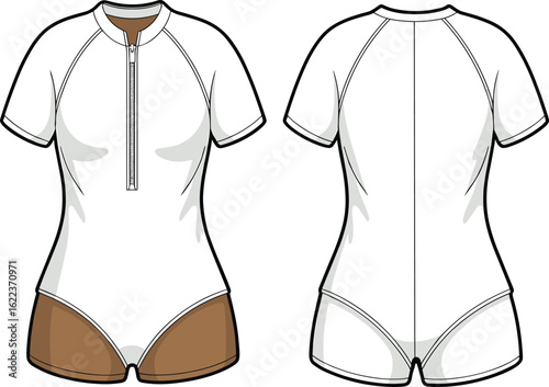 Women's short sleeve bodysuit technical flat, zipper front closure design, cad vector template, fashion flat sketch, front back view