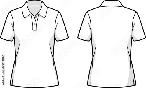 Women's polo t-shirt technical flat, collar button shirt design, fashion sketch front back, cad drawing vector apparel template