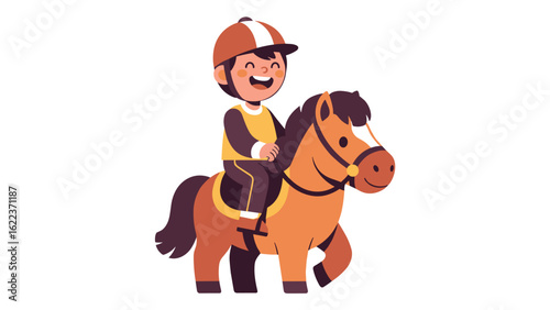 Happy cartoon boy jockey riding a small pony. Flat vector illustration of a child equestrian.