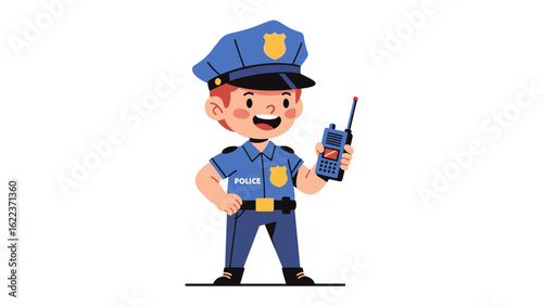 Friendly cartoon boy character in a police officer uniform, vector illustration