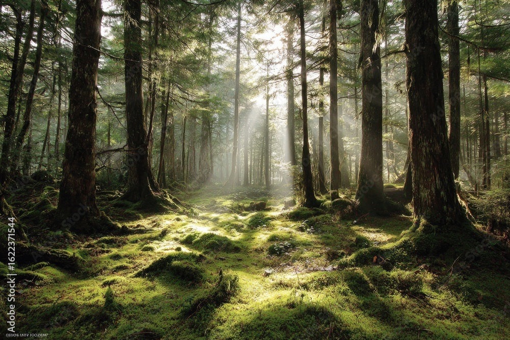 Obraz premium Sunlight streams through a lush, mossy forest floor