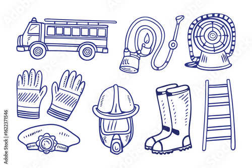 Firefighter's essentials graphic collection: A comprehensive collection of meticulously illustrated firefighting essentials, from a fire truck and safety gear to equipment for rescue and suppression.