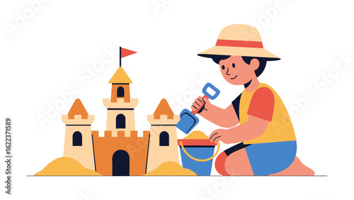 Childhood summer fun concept with a cute boy building a sandcastle on a white background
