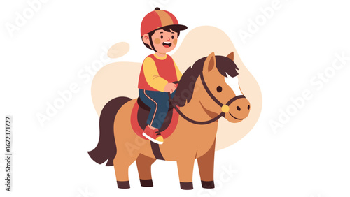 Happy young boy character riding a cute pony horse, children's equestrian hobby concept.