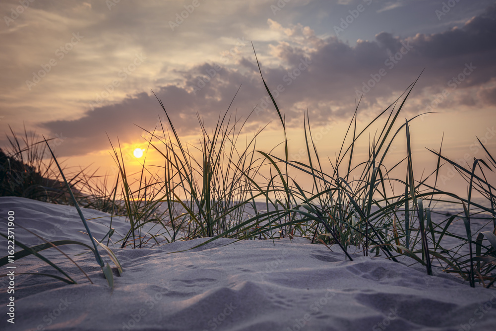 Fototapeta premium Evening on a beach in Katy Rybackie, small resort village located on the Vistula Spit on the Baltic Sea coast in Pomerania region of Poland