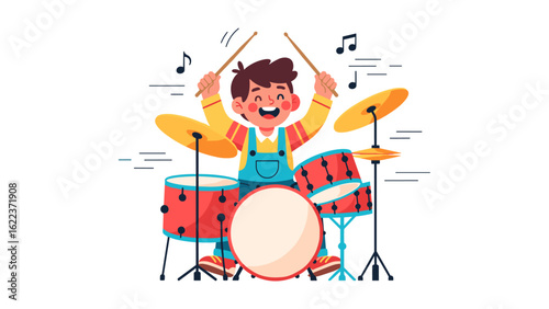 A joyful young boy having fun playing the drums, a musical hobby and lesson.