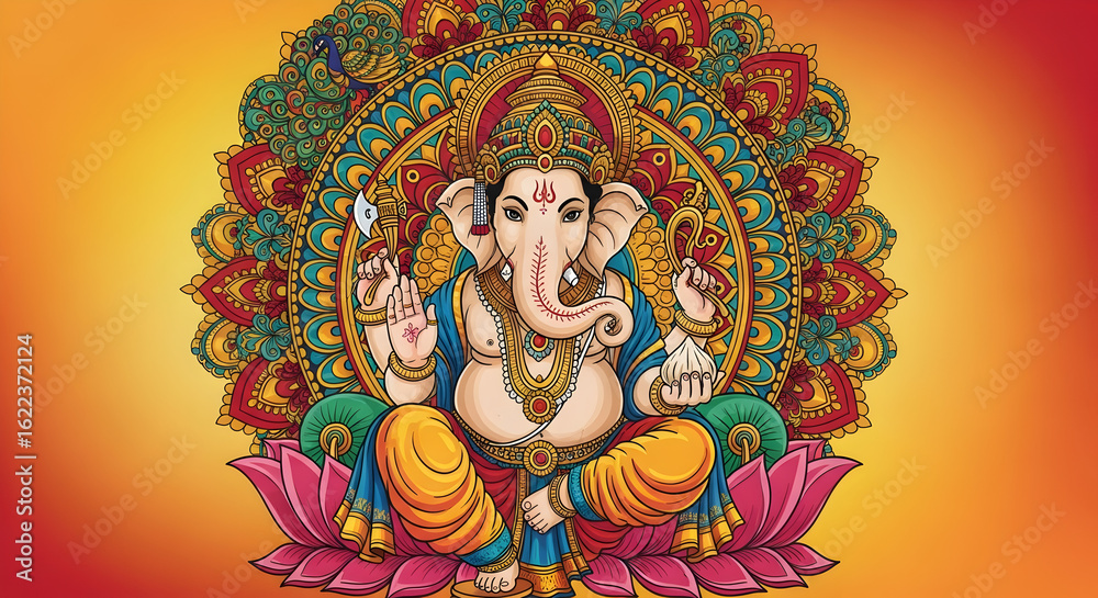 Fototapeta premium Vibrant Ganesha Illustration with Ornate Mandala