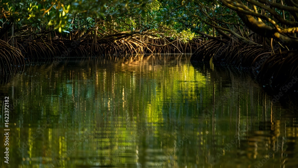 Obraz premium Golden Reflections on a Hidden Mangrove River