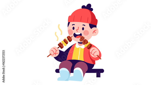 Cute cartoon boy in winter clothes eating hot grilled barbecue skewers. Vector character design.
