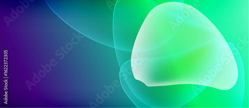 Abstract fluid shapes blend vibrant blues, greens, purples. Soft gradients create dynamic, flowing composition. Light plays across translucent forms.