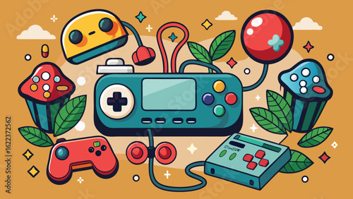 Colorful illustration featuring gaming controllers, fun elements, and playful sweets in a vibrant, cartoonish style.