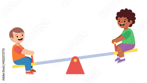 Happy diverse boys playing together on a seesaw in the playground. Vector illustration.