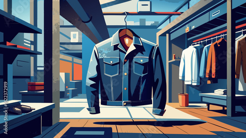 A stylish denim jacket suspended in an urban clothing store with a modern aesthetic.
