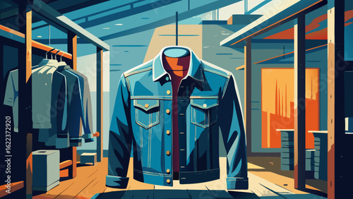 Stylish denim jacket displayed in a modern clothing store interior with a vibrant atmosphere.