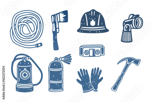 Firefighter's Toolkit: A collection of essential tools, presented in an illustrative style, signifying the bravery and readiness required for emergency response.