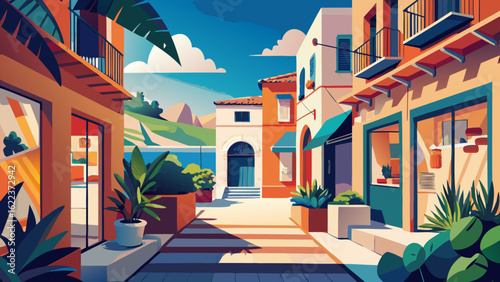 A vibrant street scene featuring colorful buildings, lush plants, and a clear blue sky in a picturesque coastal town.