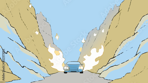 A detailed illustration of a dramatic car chase scene featuring a sleek sedan speeding through a narrow canyon with flames erupting.