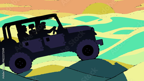 A silhouette of an off-road vehicle climbing a hill at sunset, evoking adventure and thrill in a vibrant landscape.