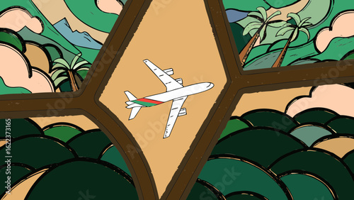 A stylized airplane flying over vibrant green landscapes and mountains, capturing the essence of adventure and travel.
