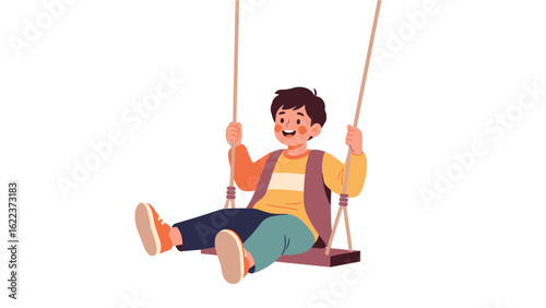 Cheerful little boy having fun on a rope swing. Isolated childhood play concept vector.