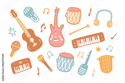 Musical Harmony: A collection of vibrant, hand-drawn musical instruments and symbols. A playful composition captures the essence of melody and rhythm.