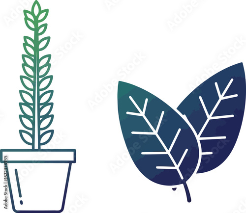 Vector illustration of potted plant and leaves for botanical design needs