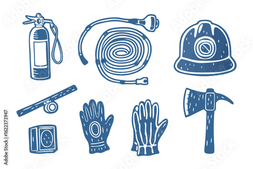 Firefighter's Arsenal: A graphic illustration of a fireman's essentials, meticulously rendered with vintage style, depicting tools essential for fire rescue and safety operations.