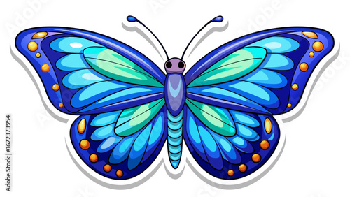 Blue butterfly sticker with a white border