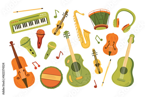 Musical Ensemble: A captivating array of diverse musical instruments, meticulously arranged against a clean backdrop, beckons the eye with a vibrant symphony of sound. 