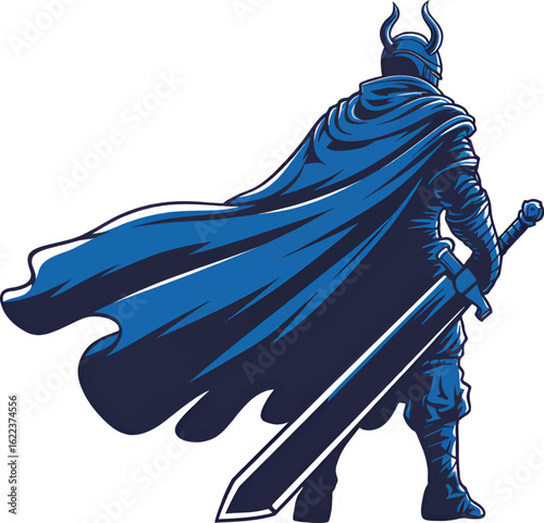 Powerful warrior in a flowing blue cape, holding a sword.