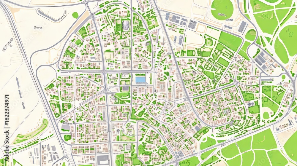 Obraz premium Aerial view of city map showing streets buildings and green areas